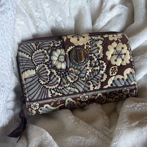 Vera Bradley Brown, Cream & Light Blue Floral Quilted Zip Wallet